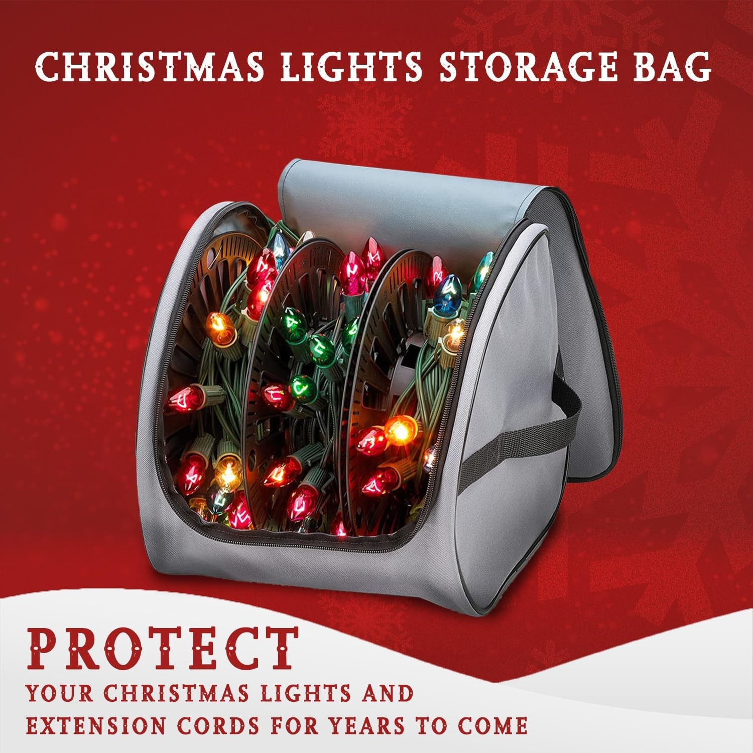 Premium Christmas Light Storage Bag – Heavy Duty Tear Proof 600D/Inside PVC Material with Reinforced Handles - with 3 Reels Stores up to 375 Ft of Mini Christmas Tree Lights & Extension Cords - Gray
