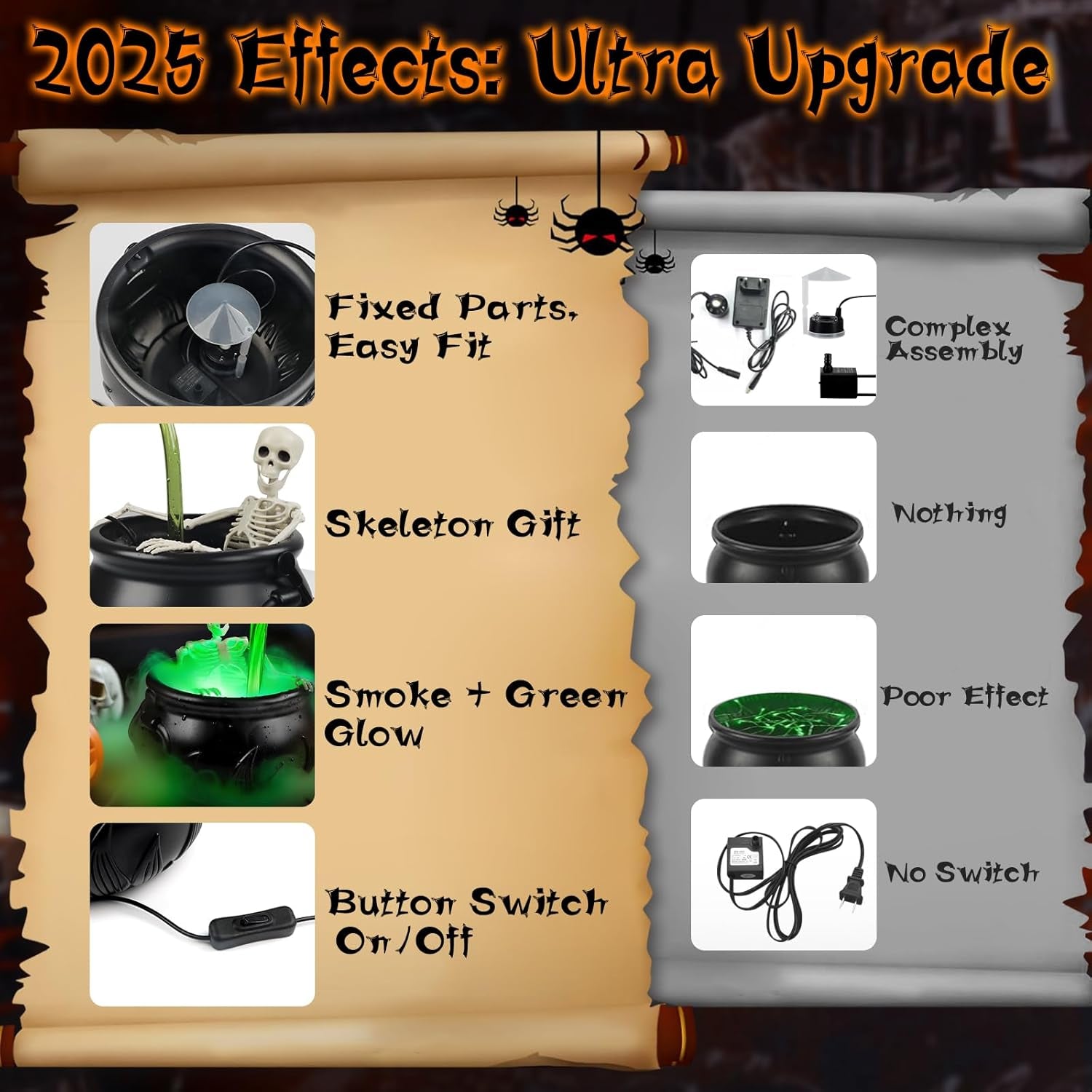 Glam Halloween Decorations Indoor, Cauldron Halloween Decor Set with Magic Floating Potion Bottles Skeleton Mist Maker, Black Witches Cauldron Diffuser for Home Kitchen Mantel Party Decor