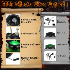 Glam Halloween Decorations Indoor, Cauldron Halloween Decor Set with Magic Floating Potion Bottles Skeleton Mist Maker, Black Witches Cauldron Diffuser for Home Kitchen Mantel Party Decor