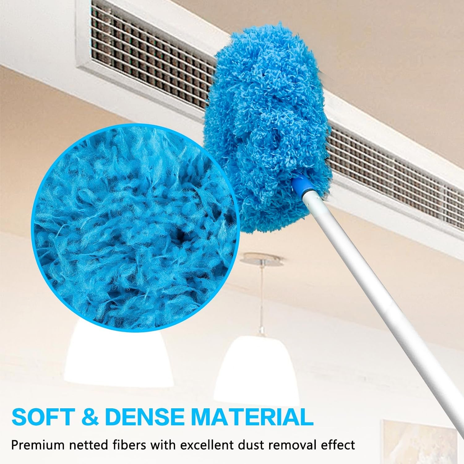 Ceiling Fan Cleaner Duster Reusable Microfiber Ceiling Fan Blade Cleaner Removable Duster with Extension Pole Adjusts 13 to 49.7 Inch for Cleaning Walls Bookshelves Furniture Door Window Top (Blue)