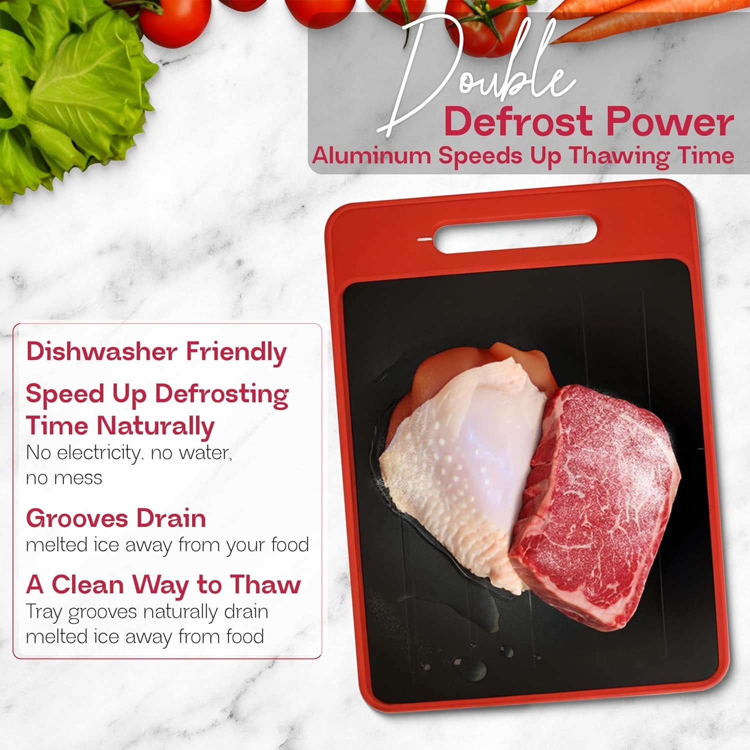 Glam 4-In-1 Defrosting Tray for Frozen Meat - Meat Thawing Tray with Built-In Knife Refiner, Garlic Grater & Cutting Board - Thawing Plate for Frozen Food - Non-Slip, Dishwasher Compatible - Red