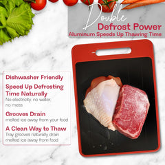 Glam 4-In-1 Defrosting Tray for Frozen Meat - Meat Thawing Tray with Built-In Knife Refiner, Garlic Grater & Cutting Board - Thawing Plate for Frozen Food - Non-Slip, Dishwasher Compatible - Red