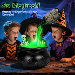 Glam Halloween Decorations Indoor, Cauldron Halloween Decor Set with Magic Floating Potion Bottles Skeleton Mist Maker, Black Witches Cauldron Diffuser for Home Kitchen Mantel Party Decor