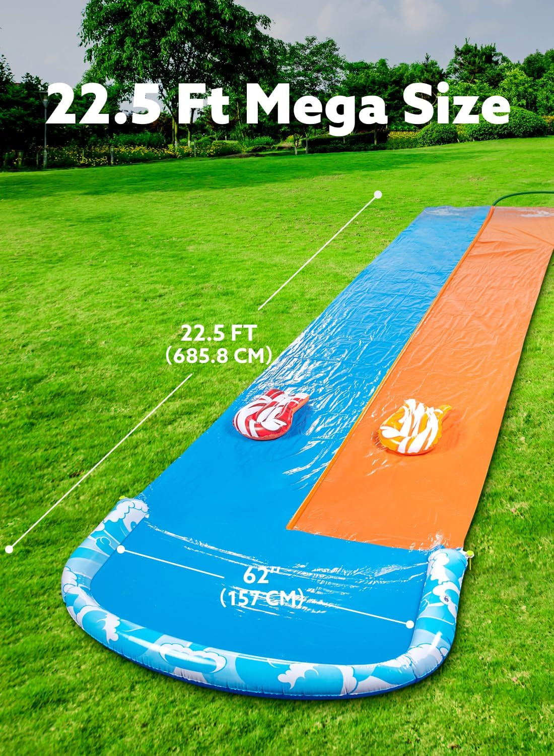 22.5Ft Water Slides and 2 Bodyboards, Lawn Water Slide Summer Slip Waterslides Water Toy with Build in Sprinkler for Backyard Outdoor Water Fun for Kids