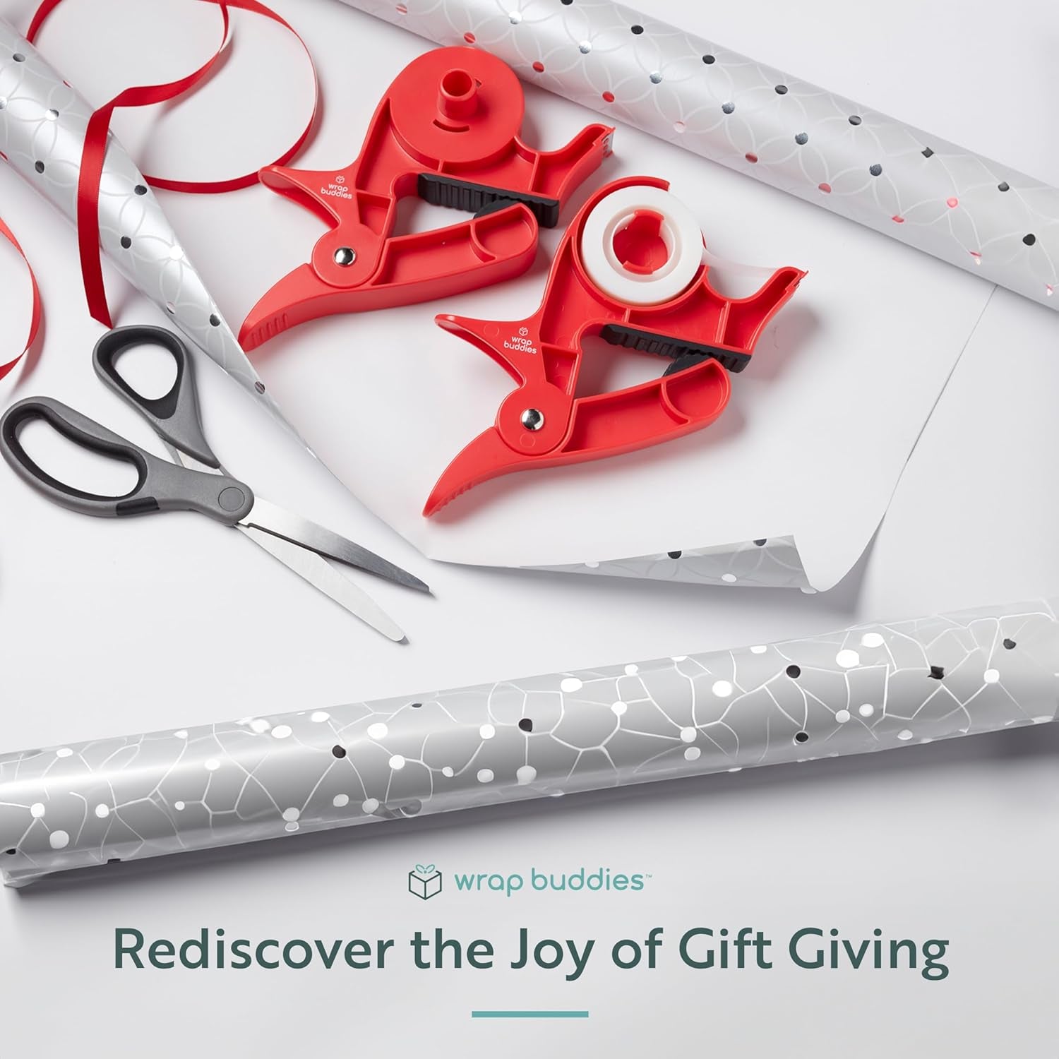 Wrapping Paper Clamps - 2 Gift Wrapping Paper Holder Clamps with Integrated Tape Dispensers, Simple Gift Wrap Table Clamps, Wrapping Paper Holder Clips and Tape Dispensers (Cherry Red)