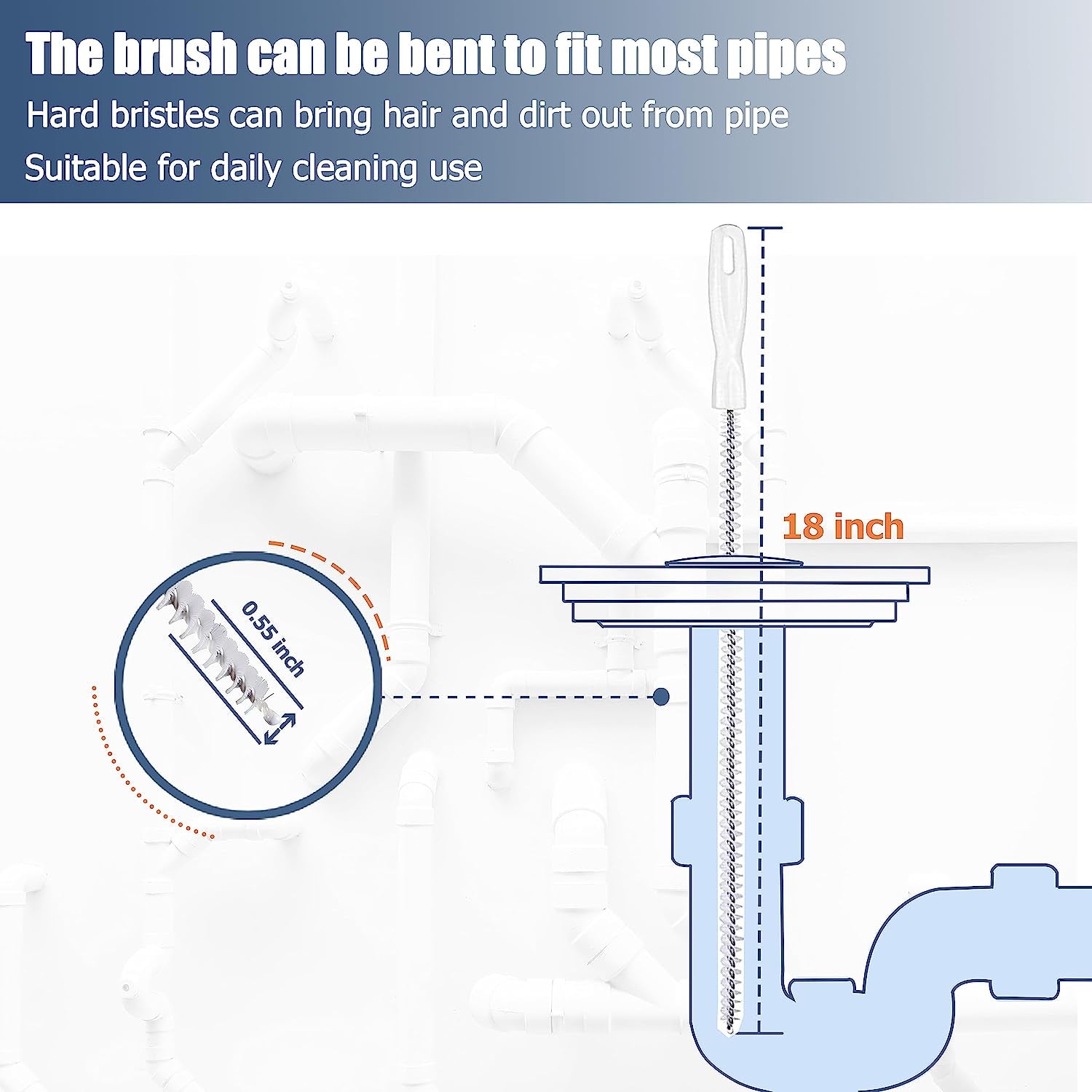 35.5Inch Drain Clog Remover(1Pcs), 25Inch Drain Snake Hair Remover(6Pcs) & Cleaning Brush(2Pcs), Hair Catcher Drain Auger Cleaner Tool Set for Toilet, Kitchen Sink, Bathroom Tub, Sewer, 9 Pack