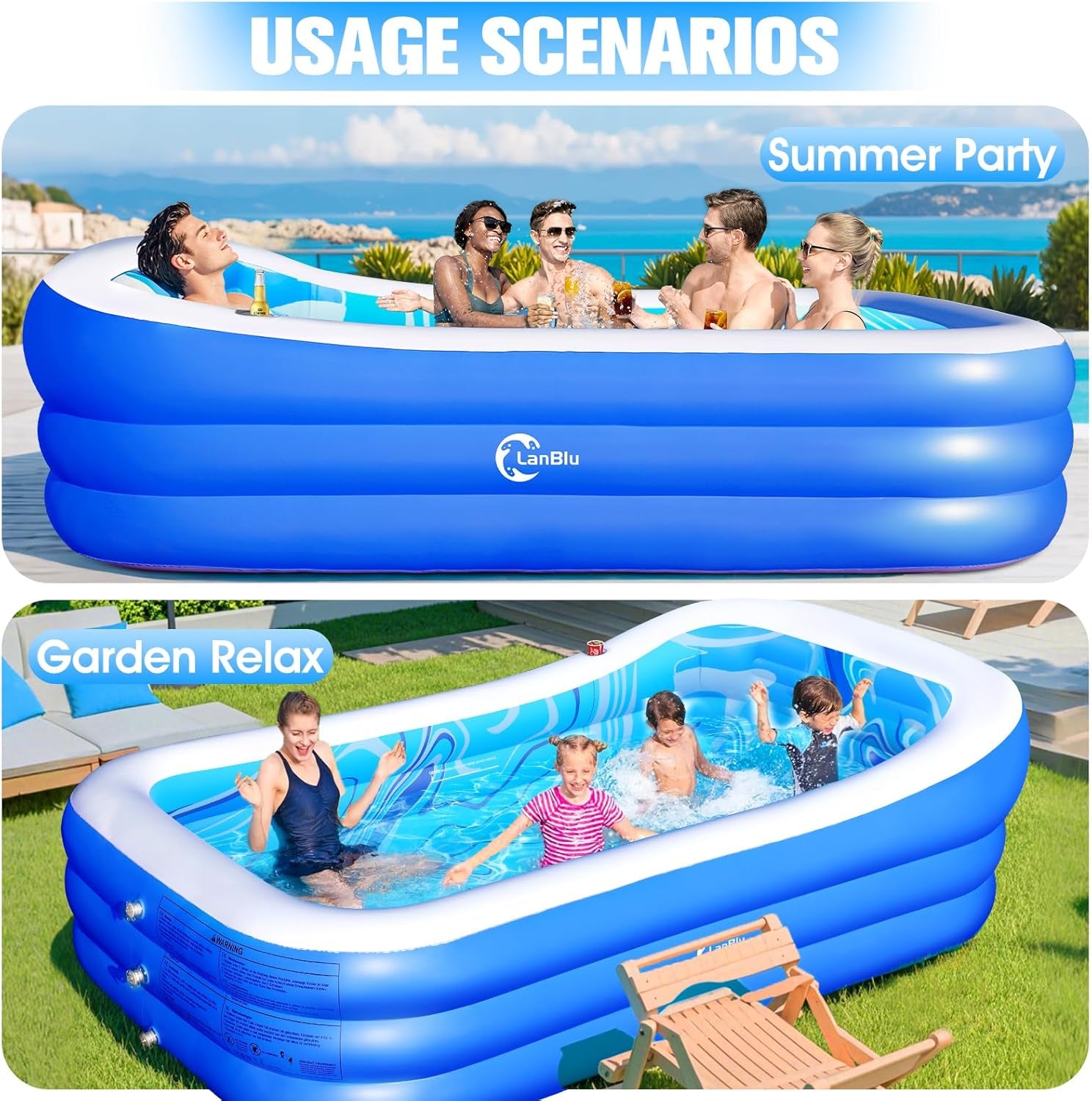 Inflatable Pool with Big Backrest and Seat,Oversized Thickened Large Blow up Pool for Adults,Inflatable Backyard Pools for Kid and Adult,105"X65"X25"Durable Swimming Pools (Blue)