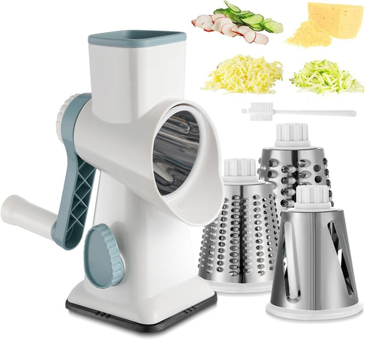 Cheese Grater Hand Crank Rotary Vegetables Shredder with Handle, 3-In-1 Graters with Interchangeable Blades and Strong Suction Base Multifunctional Slicer for Kitchen,White