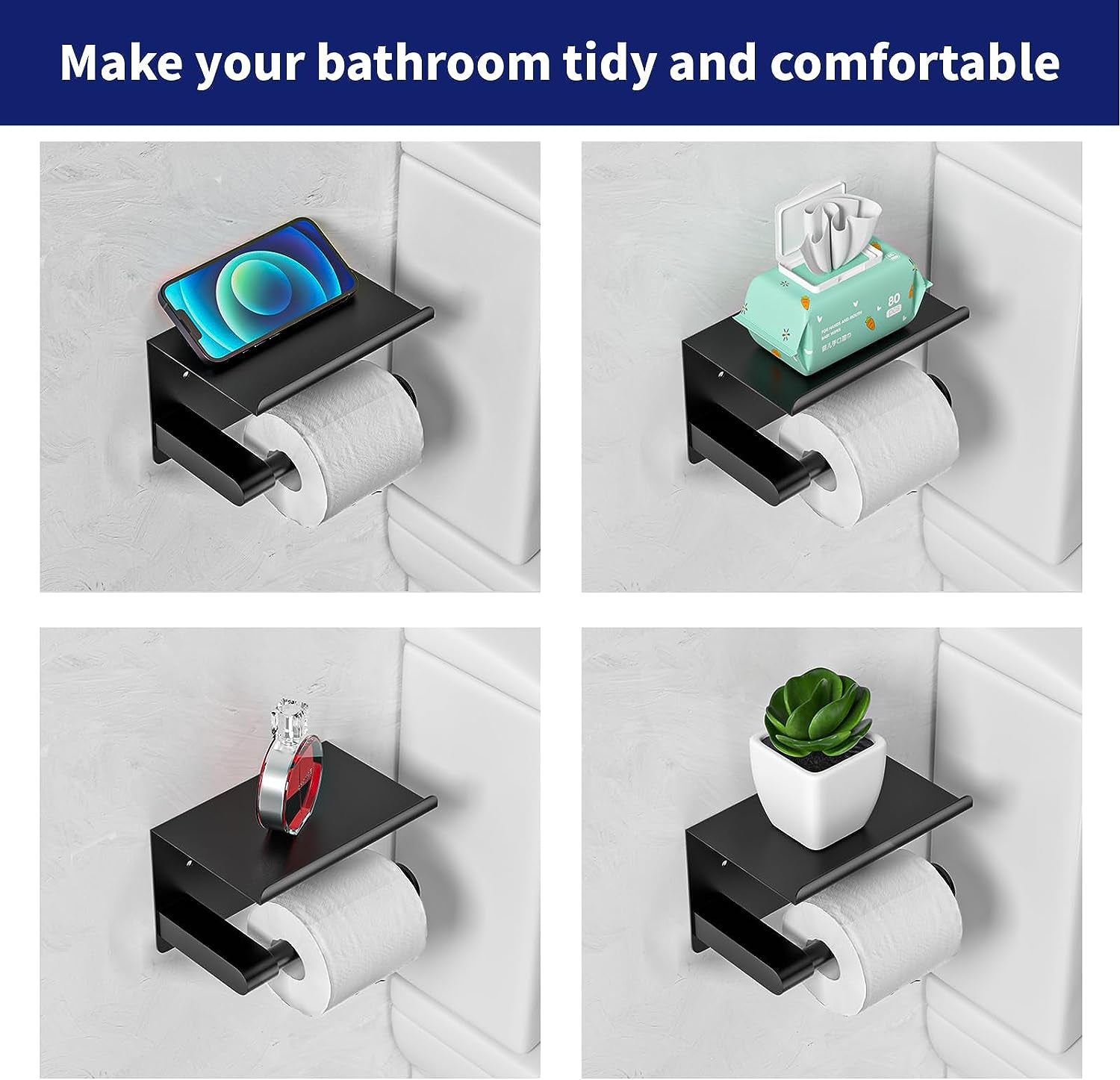 Toilet Paper Holder Wall Mount, Fits Mega Rolls Size Matte Black Toilet Paper Holder with Shelf, Rustproof Stainless Steel Self Adhesive Toilet Paper Holder, Black Bathroom Toilet Paper Holder