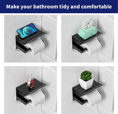 Toilet Paper Holder Wall Mount, Fits Mega Rolls Size Matte Black Toilet Paper Holder with Shelf, Rustproof Stainless Steel Self Adhesive Toilet Paper Holder, Black Bathroom Toilet Paper Holder