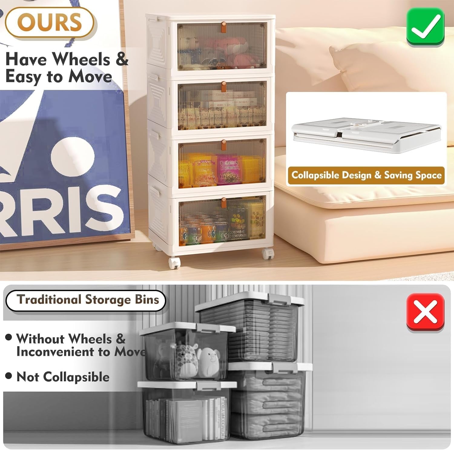 4 Tier Plastic Storage Bins with Lid 23QT, Stackable Storage Containers with Wheels, Folding Storage Boxes, Stackable Storage Bins, Closet Organizers and Storage for Living Room,Office,Dorm