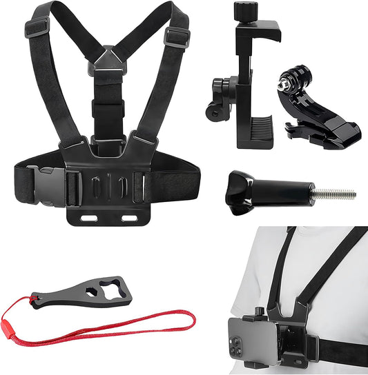 Mobile Phone Chest Strap Mount Strap Holder Kit for POV/VLOG, Cell Phone Clip Accessories Compatible with Iphone, Samsung, Gopro Hero 12, Insta360, DJI Osmo and Action Cameras