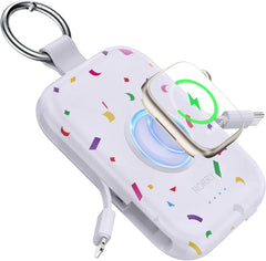 Glam 3-in-1 Portable Charger, 5000Mah Portable Charger Power Bank with Built-In Cables, Travel Keychain Battery Pack for Apple Watch Ultra/11/10/9/8/7/6/Se, Iphone Air/17/16/15/14/13/12, Confetti-Purple