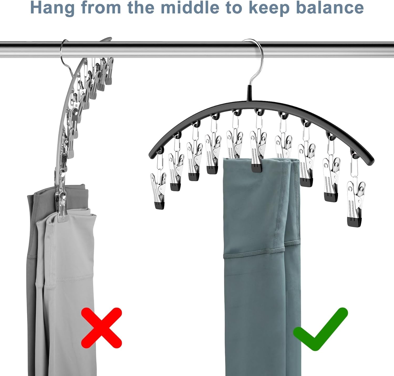 Legging Organizer for Closet, Metal Yoga Pants Hangers 2 Pack W/10 Clips Holds 20 Leggings, Space Saving Hanging Closet Organizer W/Rubber Coated Closet Organizers and Storage, Black