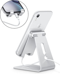 Adjustable Cell Phone Stand, Aluminum Desktop Cellphone Stand with Anti-Slip Base and Convenient Charging Port, Fits All Smart Phones, Silver
