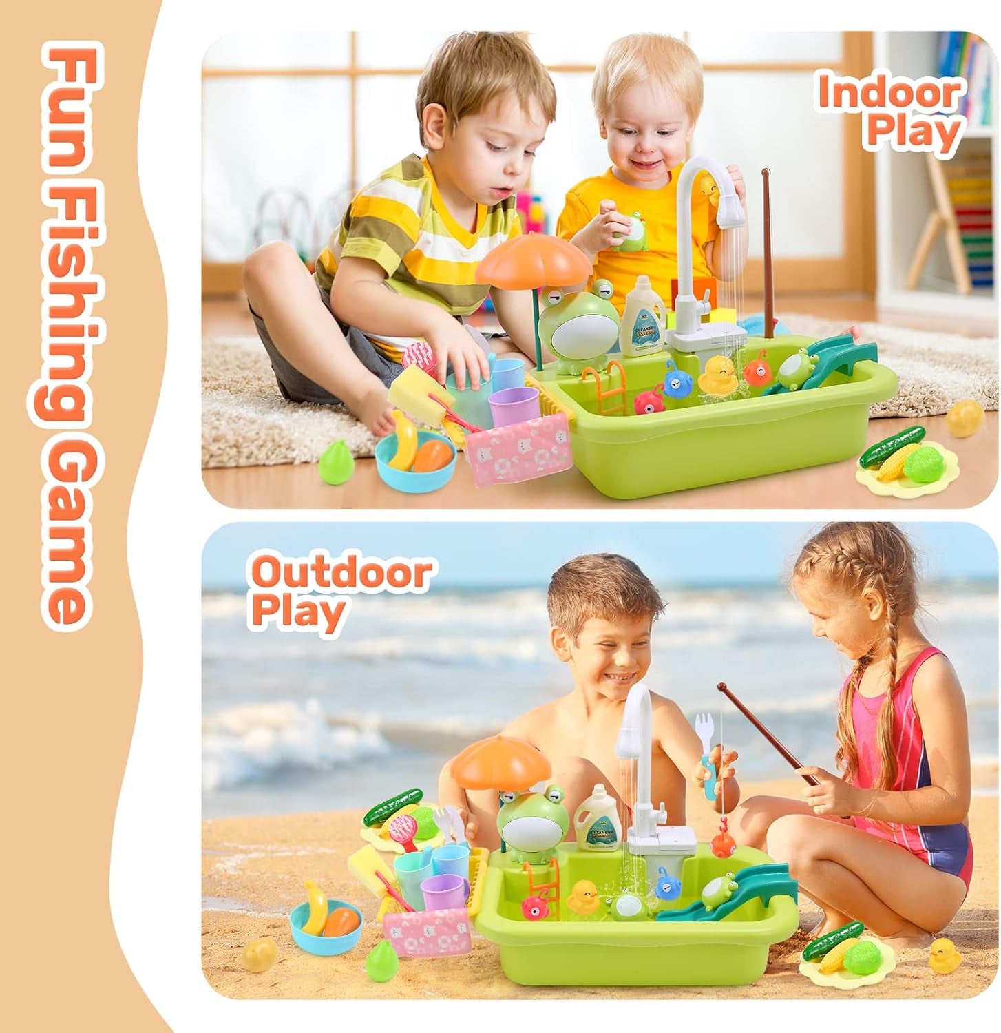 Play Sink with Running Water, Kitchen Sink Toys with Upgraded Electric Faucet, Play Kitchen Toy Accessories, Pool Floating Fishing Toys for Water Play, Kids Role Play Dishwasher Toy