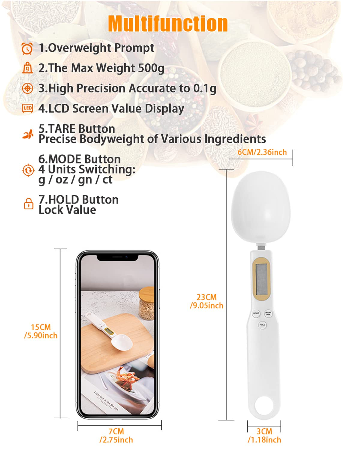 Digital Spoon Scale, Digital Kitchen Scales 500G/0.1G Kitchen Measuring Spoon Food Scale Digital Multi-Function with Accurate LCD Display for Dispensing Coffee Beans, Milk, Flour,Condiment