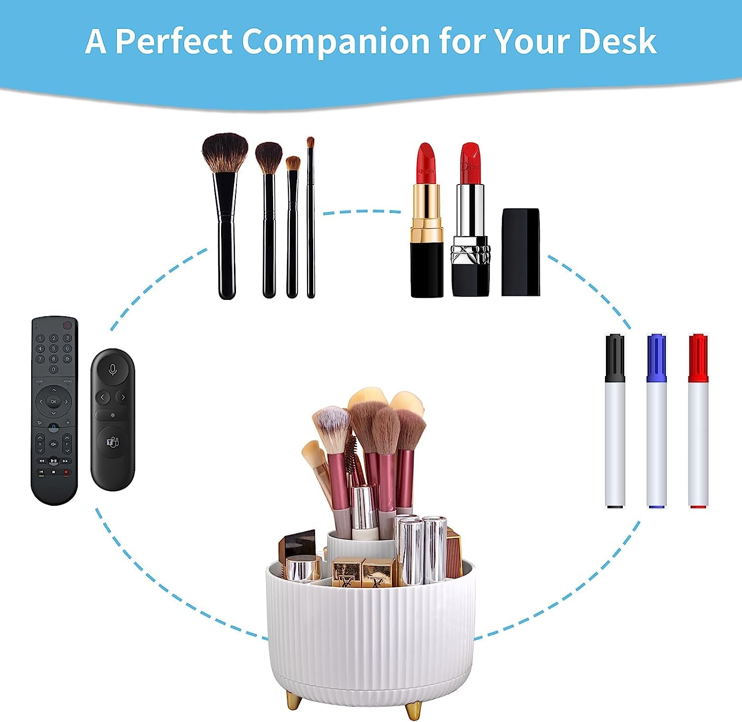 Desk Organizer, 360-Degree Rotating Pen Holder for Desk, Desk Organizers and Accessories with 5 Compartments Pencil Organizer, Art Supply Storage Box Caddy for Office, Home (White)