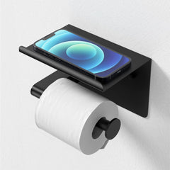 Toilet Paper Holder Wall Mount, Fits Mega Rolls Size Matte Black Toilet Paper Holder with Shelf, Rustproof Stainless Steel Self Adhesive Toilet Paper Holder, Black Bathroom Toilet Paper Holder