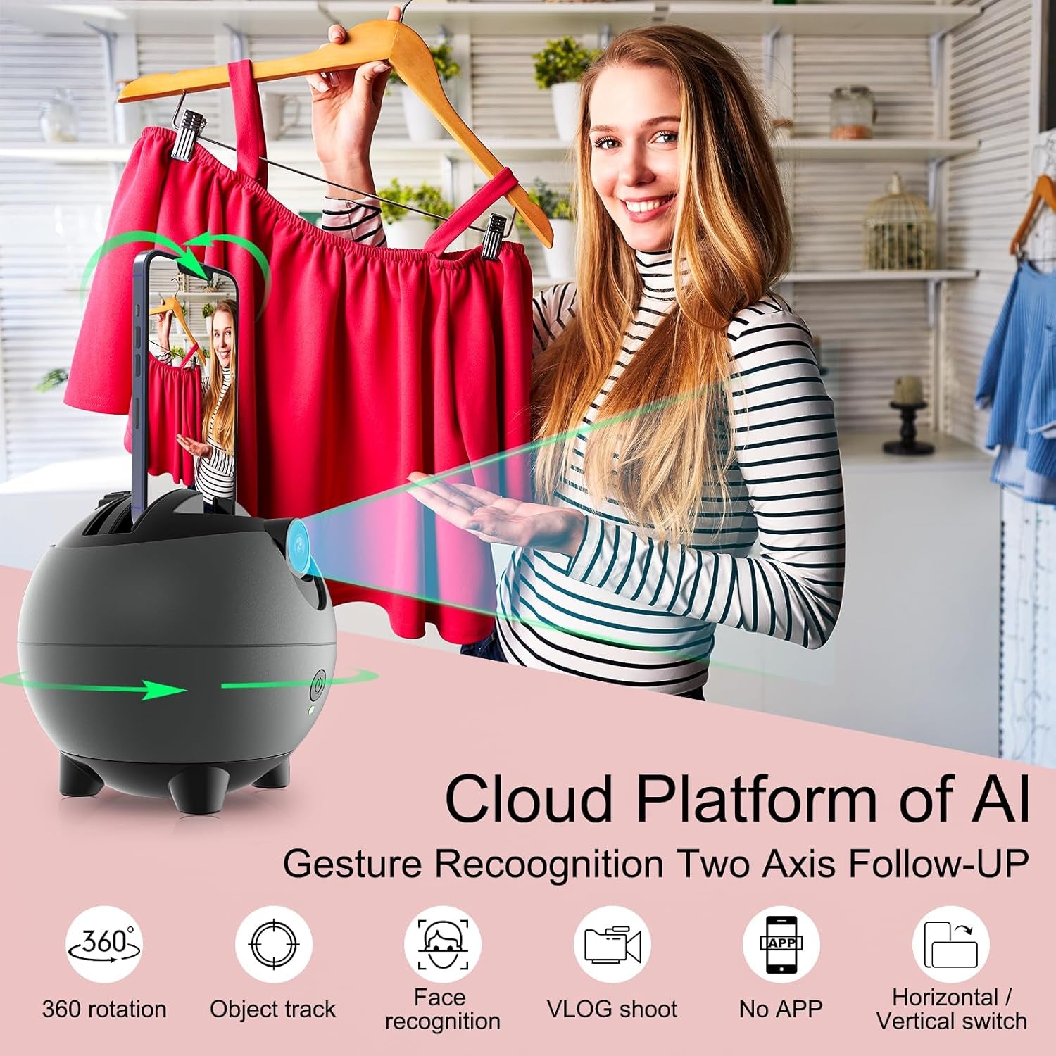 Glam Auto Tracking Phone Holder, Auto Face Tracking Tripod, 360° Rotation Face Body Phone Tracking Tripod, Ai-Powered Face Tracking,No APP Live Vlog Tiktok Video-Grey Compatible with Iphone 17 Pro Max