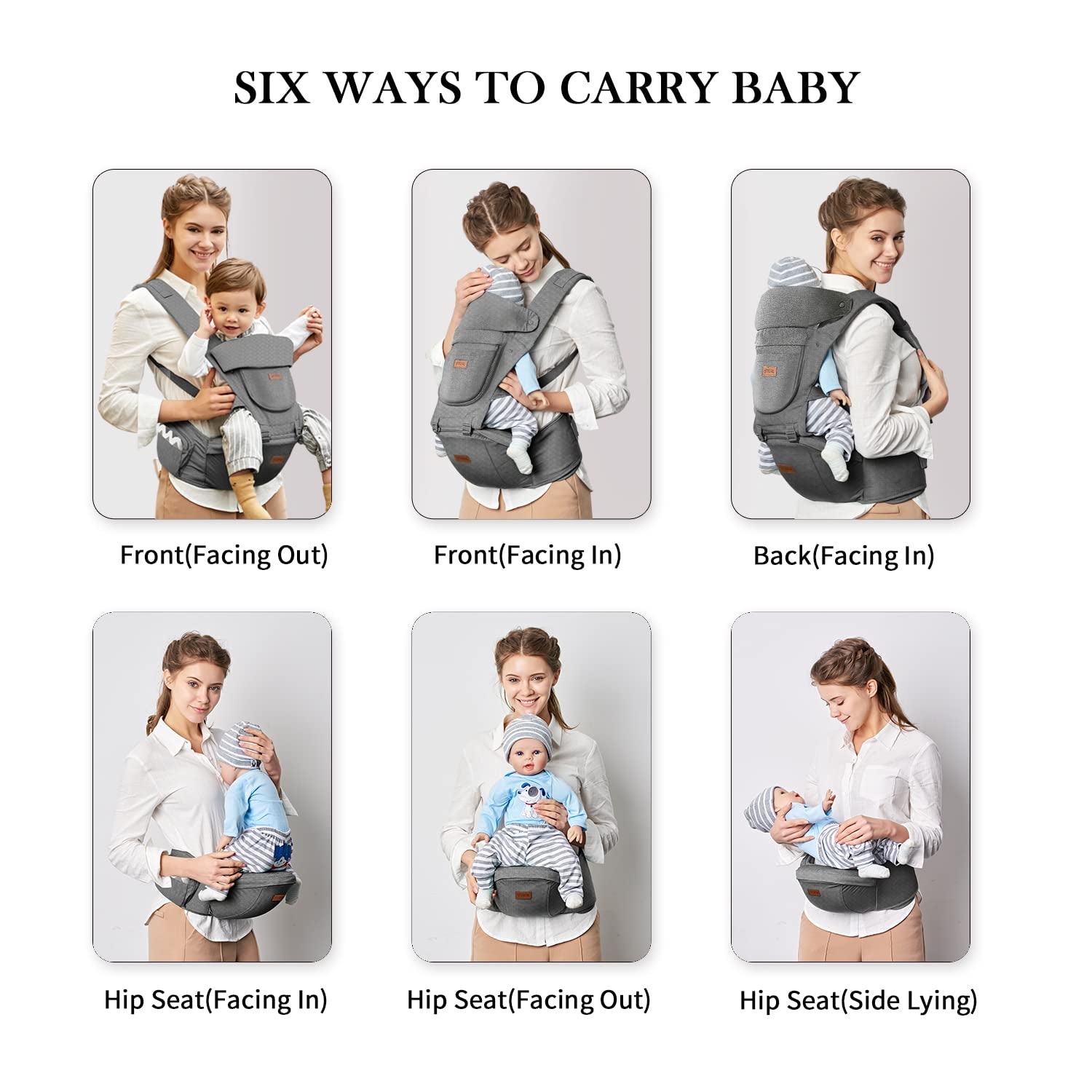 Baby Carrier with Hip Seat, Baby Carrier Newborn to Toddler, 6-In-1 Ways to Carry, All Seasons, Adjustable Baby Holder Carrier for Breastfeeding (Black