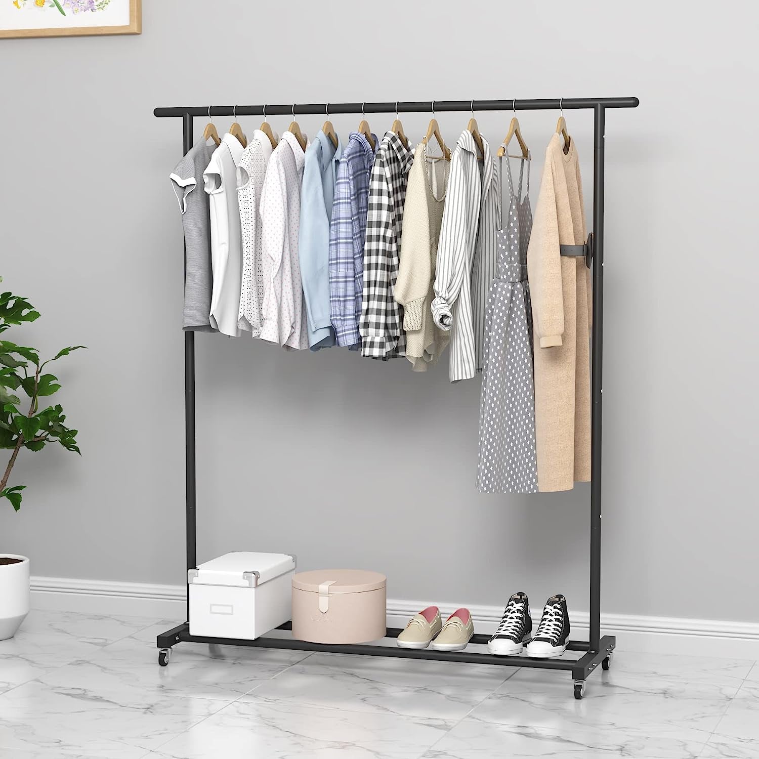 Clothing Clothes Rack Standard Rod Simple Rolling Metal Garment Rack Organizer Freestanding Hanger with Wheels,Black