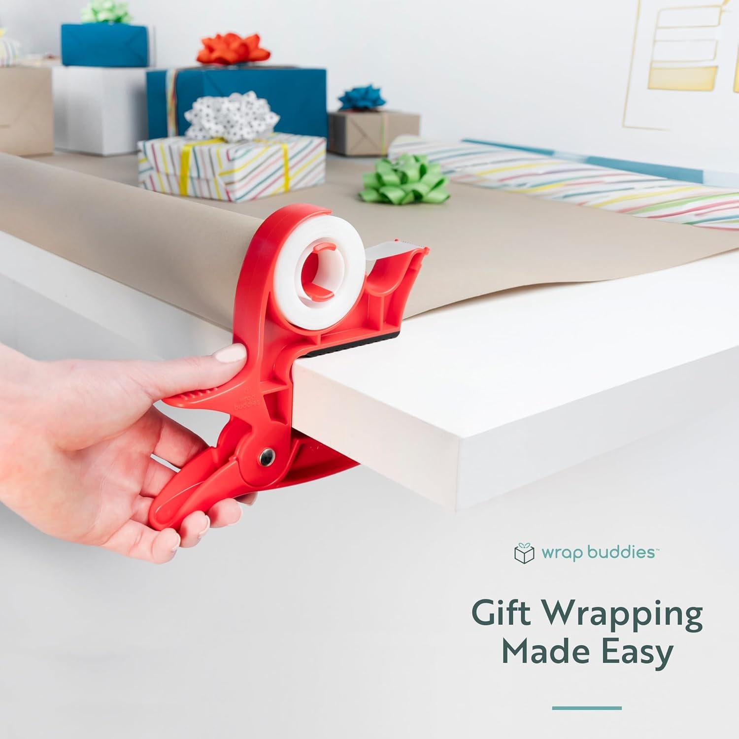 Wrapping Paper Clamps - 2 Gift Wrapping Paper Holder Clamps with Integrated Tape Dispensers, Simple Gift Wrap Table Clamps, Wrapping Paper Holder Clips and Tape Dispensers (Cherry Red)