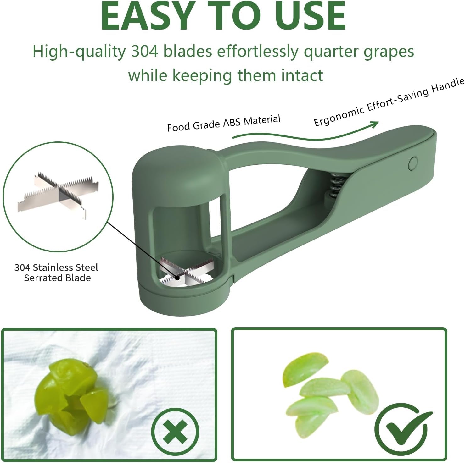 Grape Cutter for Toddlers 1-3, Grape Slicer Kitchen Gadget for Vegetable Fruit Salad Cake Decor, Stainless Steel Baby Grape Quarter Cutter Tool for Cherry Tomato Strawberry Blueberry - Green