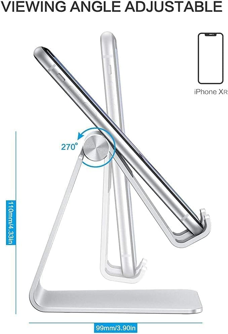 Adjustable Cell Phone Stand, Aluminum Desktop Cellphone Stand with Anti-Slip Base and Convenient Charging Port, Fits All Smart Phones, Silver