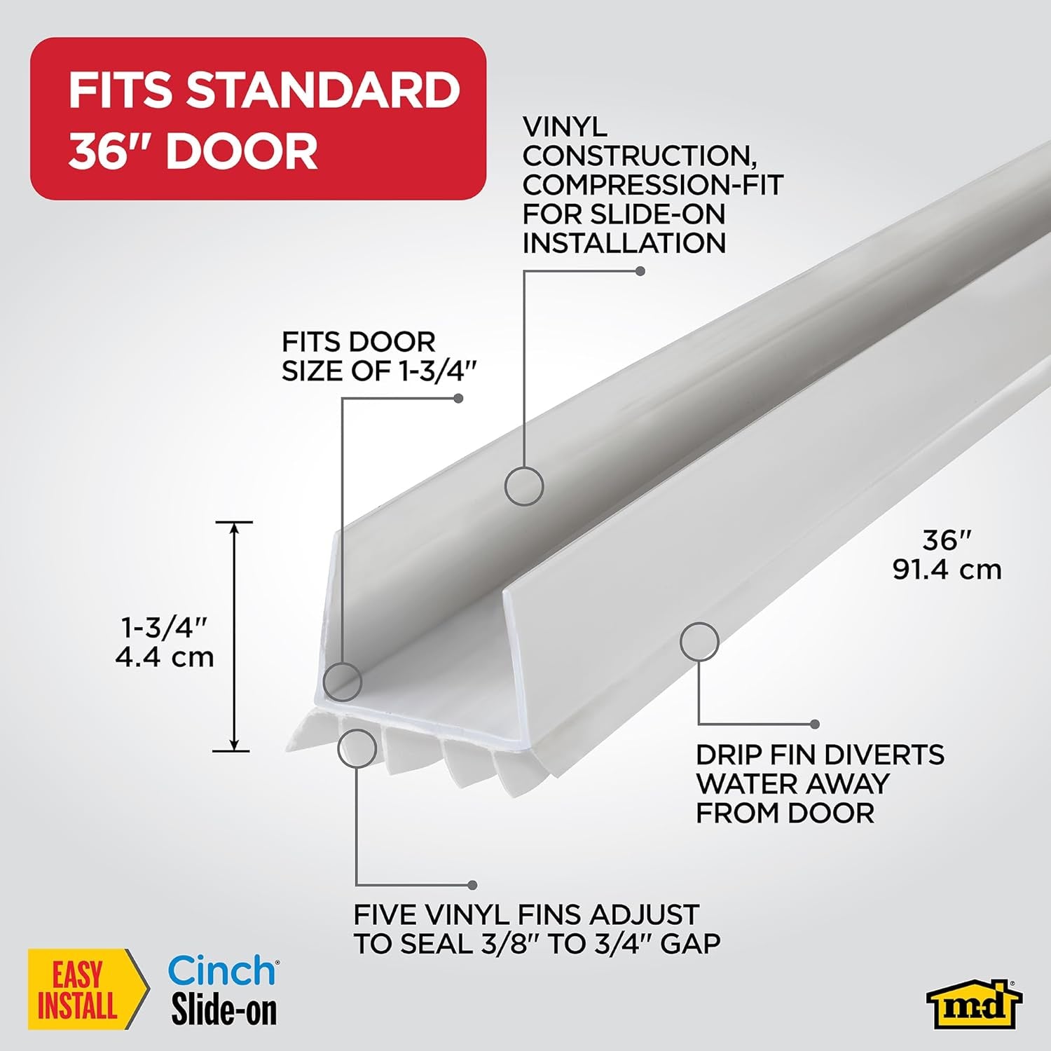 43336 Vinyl Cinch® U-Shape Slide-On under Door Seal, Easy-To-Install, Energy-Saving, Weatherproof Seal for Doors, Effective Draft Blocker, Ideal for Home (36 Inch, White)