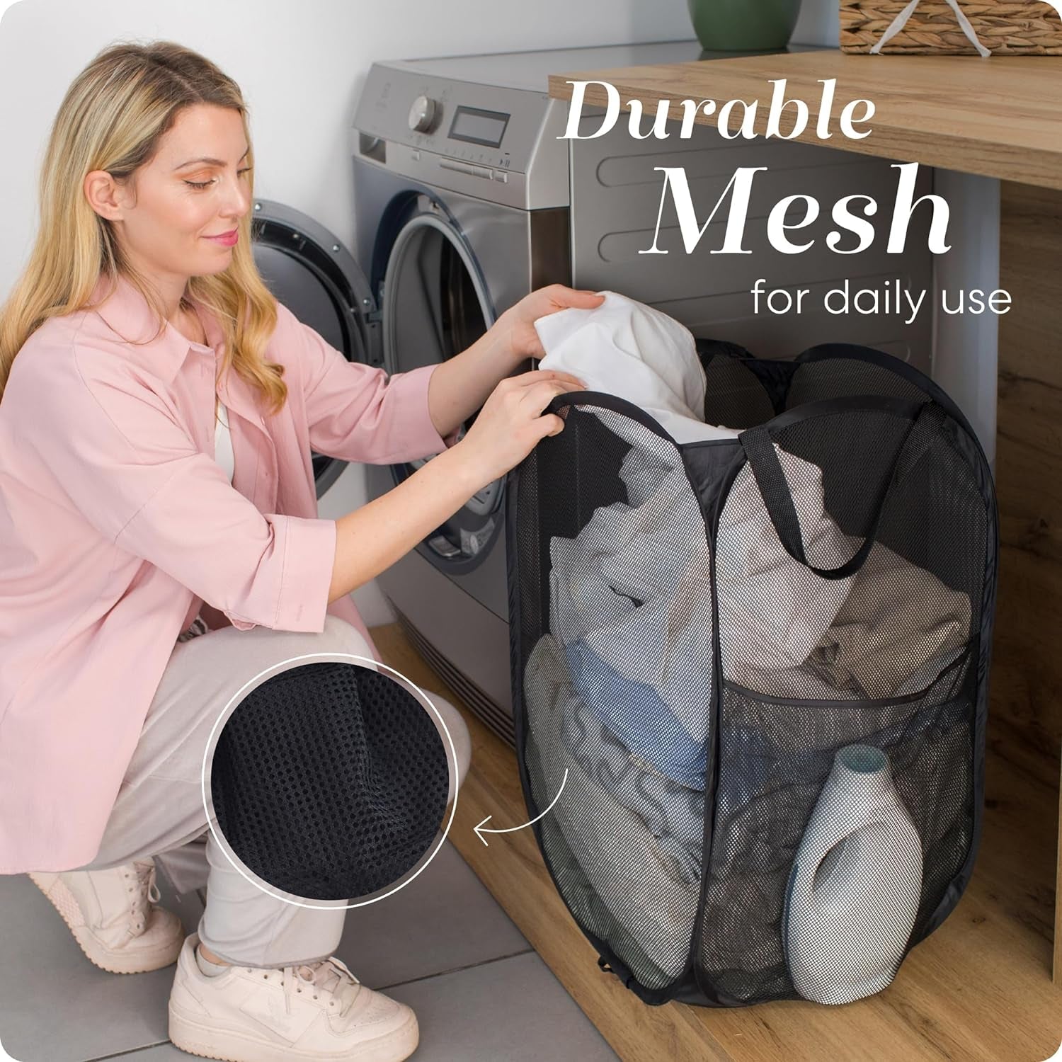 Collapsible Mesh Pop up Hamper with Wide Opening and Side Pocket – Breathable, Sturdy, Foldable, and Space-Saving Design for Clothes and Storage. (Black | 2-Pack)