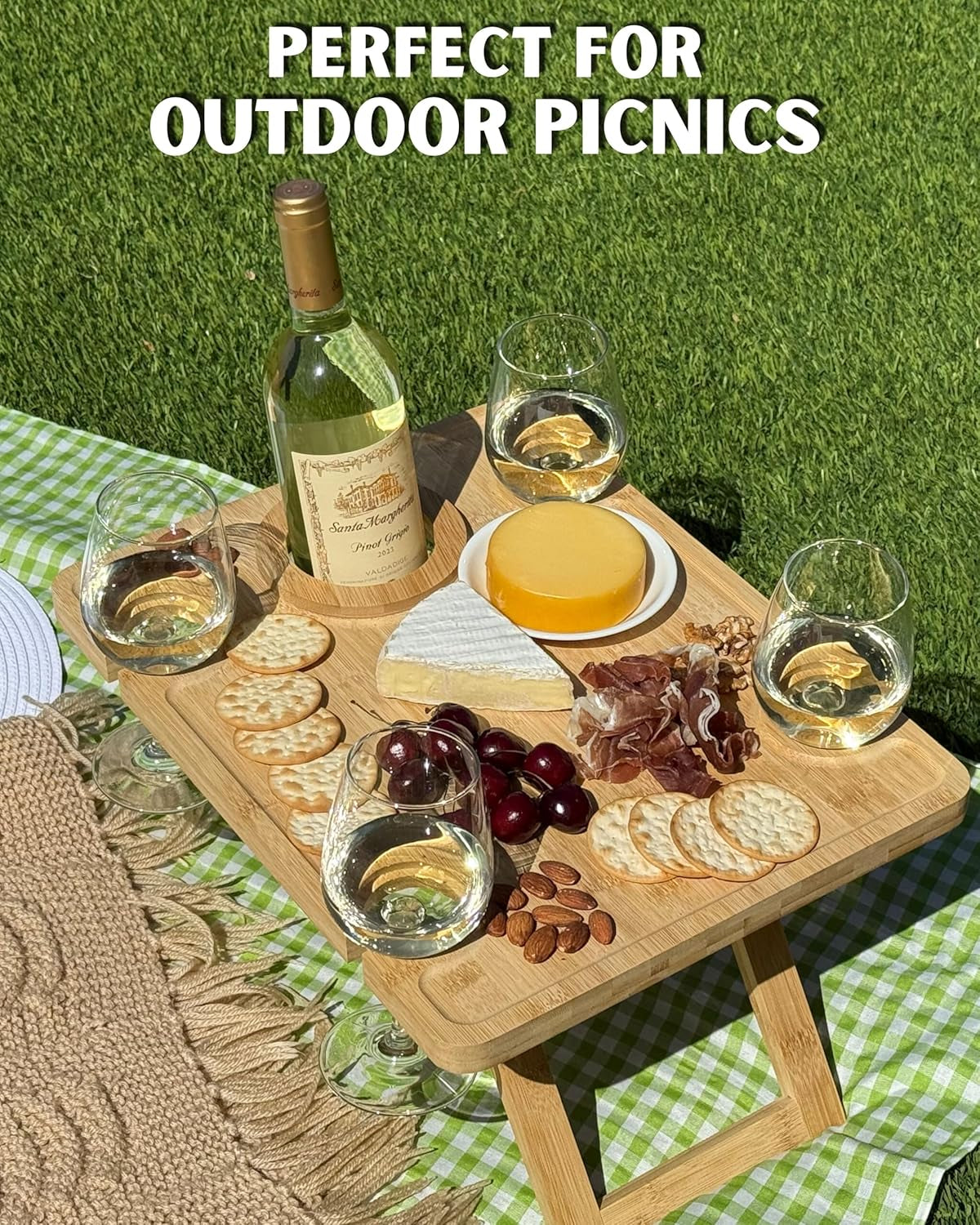 Portable Wine Picnic Table, Outdoor Wine Table, Charcuterie Board with Wine Glass Holder, Beach Picnic Kit - Includes Picnic Mat & Tote Bag