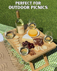 Portable Wine Picnic Table, Outdoor Wine Table, Charcuterie Board with Wine Glass Holder, Beach Picnic Kit - Includes Picnic Mat & Tote Bag