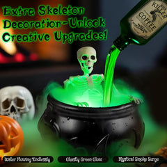 Glam Halloween Decorations Indoor, Cauldron Halloween Decor Set with Magic Floating Potion Bottles Skeleton Mist Maker, Black Witches Cauldron Diffuser for Home Kitchen Mantel Party Decor