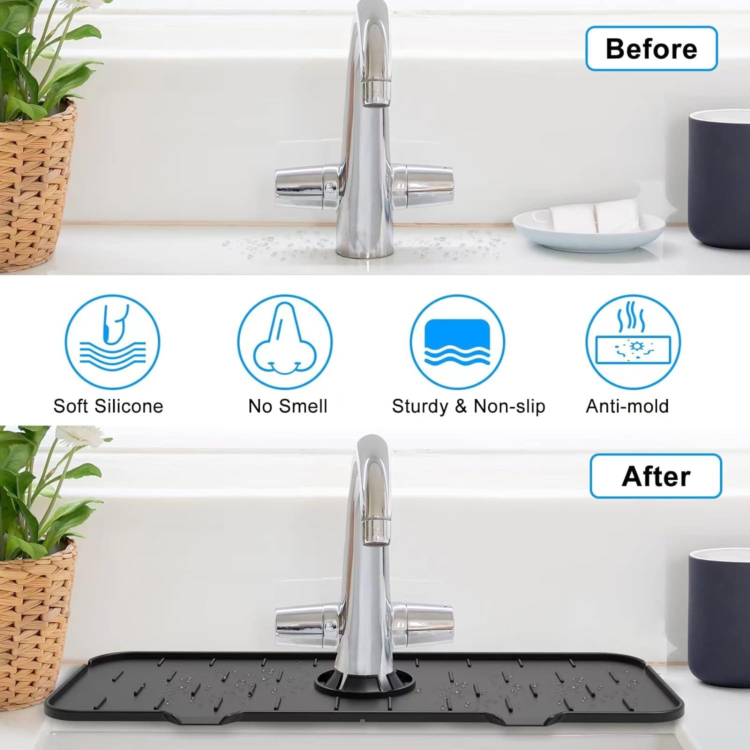 Kitchen Faucet Sink Splash Guard, Silicone Faucet Water Catcher Mat Sink Draining Pad behind Faucet, Rubber Drying Mat for Kitchen & Bathroom Countertop Protect (Black)