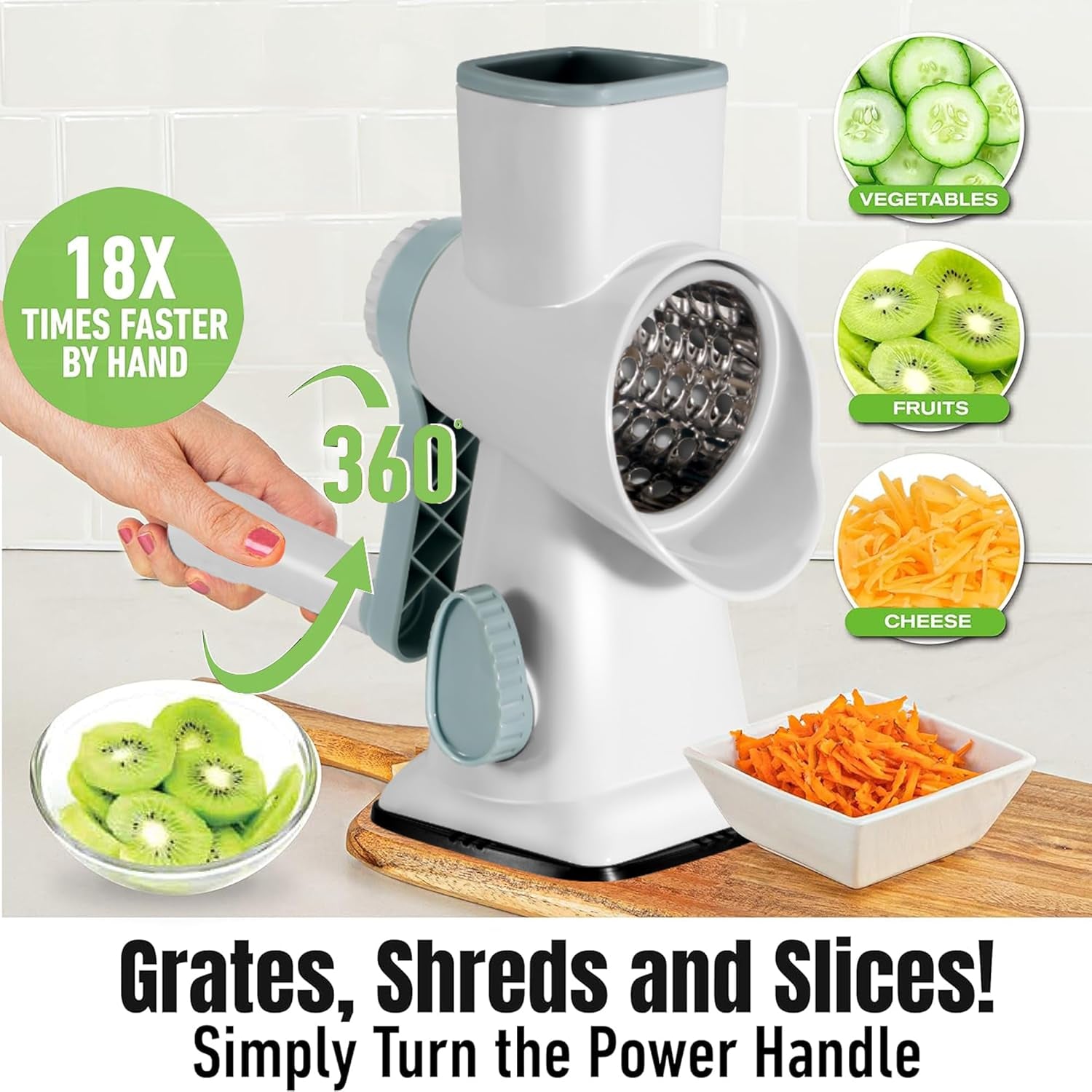 Cheese Grater Hand Crank Rotary Vegetables Shredder with Handle, 3-In-1 Graters with Interchangeable Blades and Strong Suction Base Multifunctional Slicer for Kitchen,White