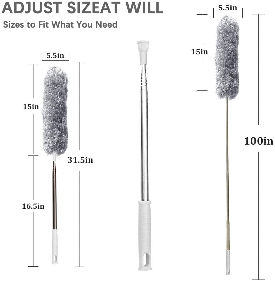 Microfiber Feather Duster Extendable Duster with 100 Inches Extra Long Pole, Bendable Head & Long Handle Dusters for Cleaning Ceiling Fan, High Ceiling, Blinds, Furniture & Cars Gray