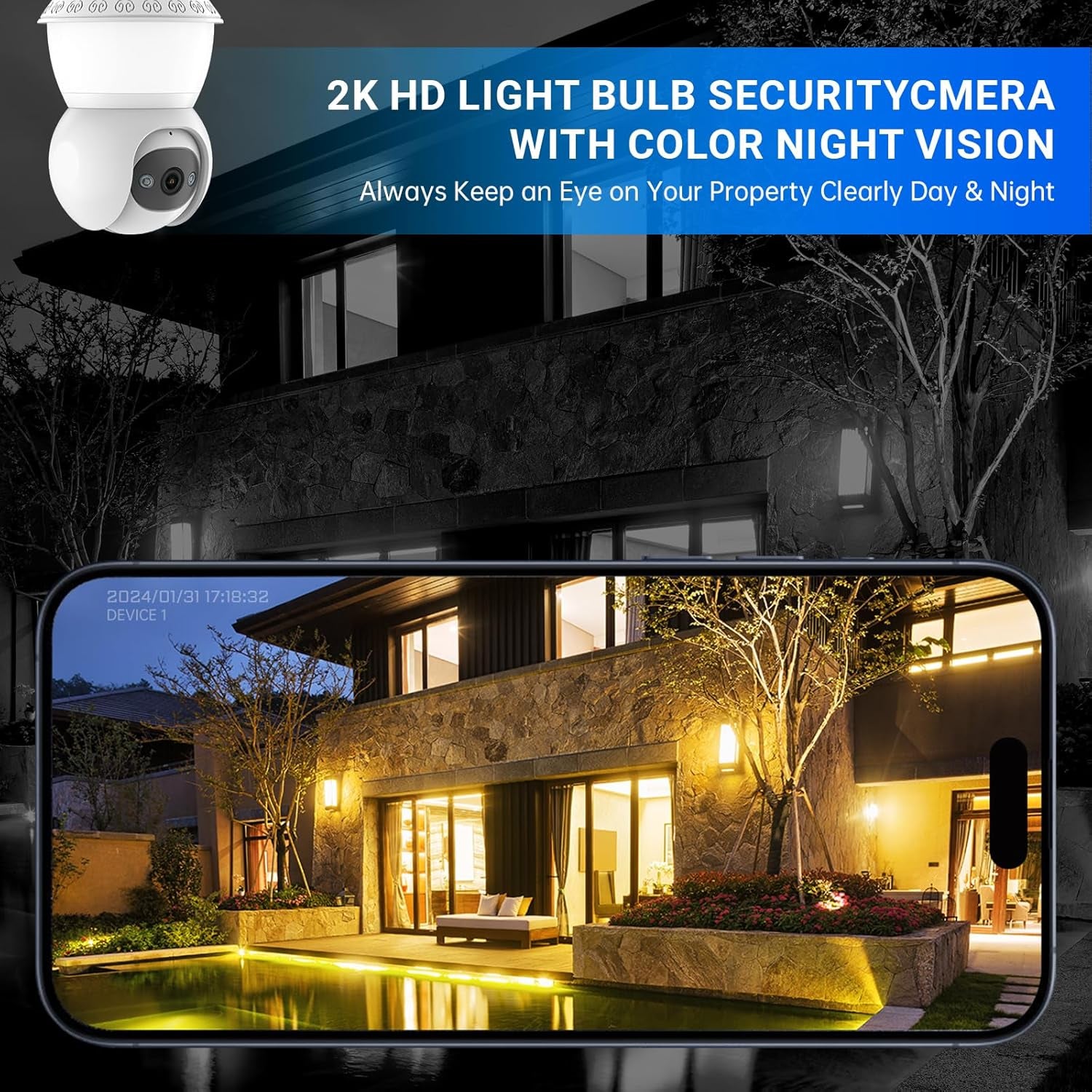 Light Bulb Security Cameras Wireless Outdoor, Lightbulb Security Camera Indoor outside 2.4G 5Ghz Wifi, Motion Detection Alarm, Two Way Talk, Human Detection, Night Vision Light Bulb Camera