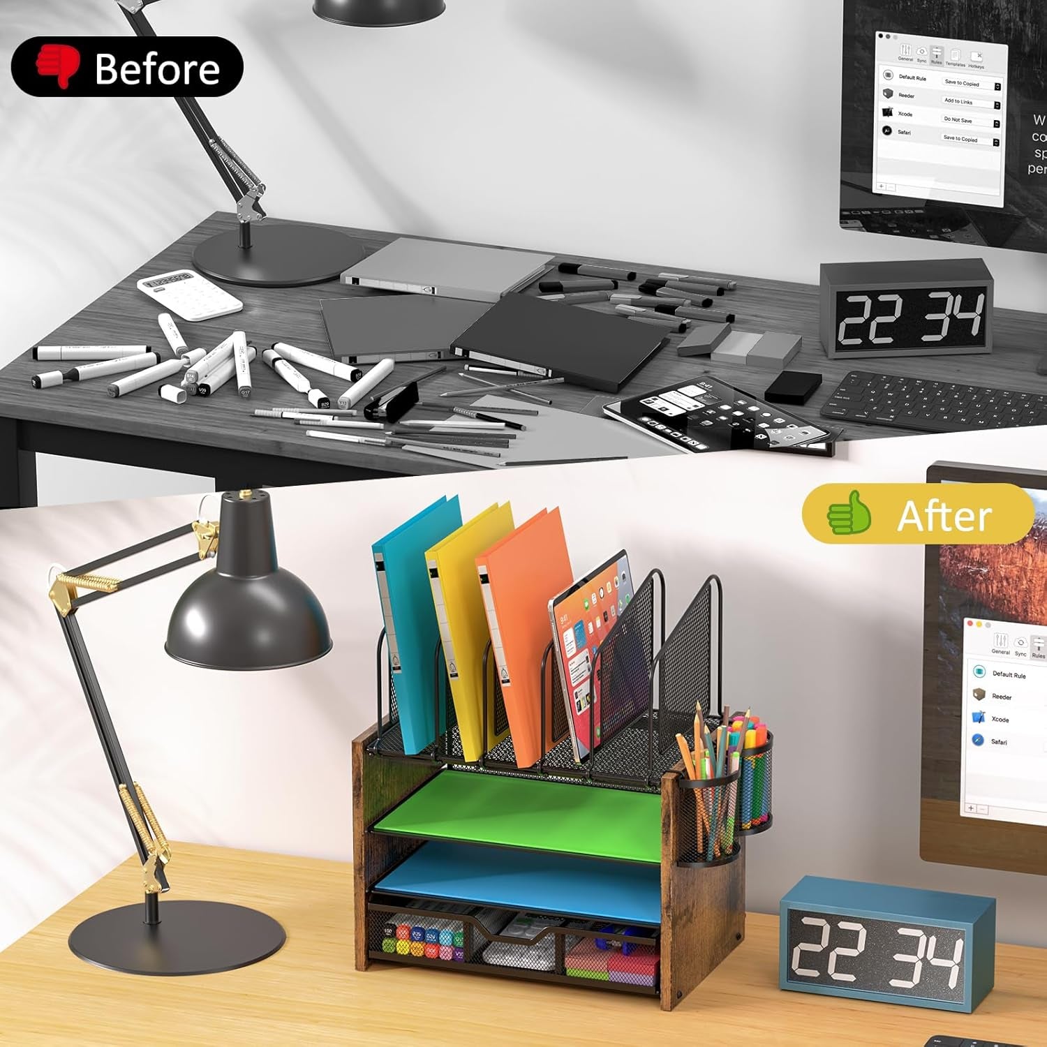 4-Tier Mesh Desk Organizer – Wooden Desktop File Holder with Vertical Slots & Drawer