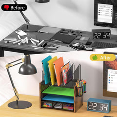 4-Tier Mesh Desk Organizer – Wooden Desktop File Holder with Vertical Slots & Drawer