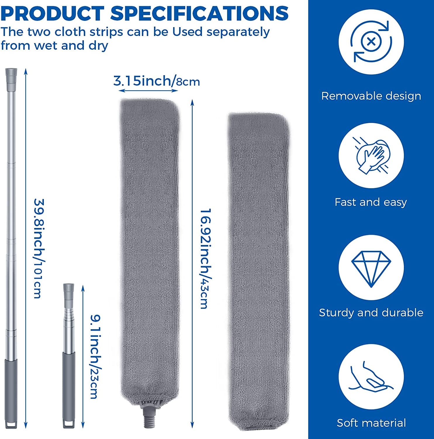 Retractable Gap Dust Cleaner Cleaning Tools with 2 Microfiber Dusting Cloths Long Handle 60Inches Washable and Retractable Duster Brush for Cleaning under Appliances Furniture Couch Fridge