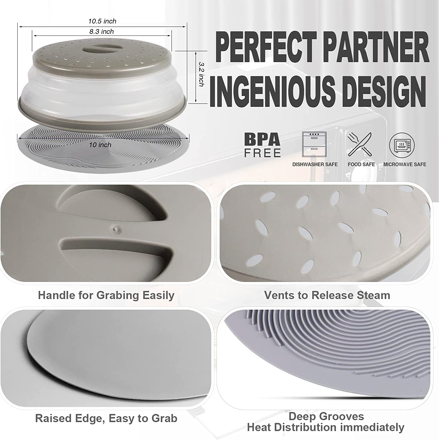 2 in 1, Microwave Place Mat & Food Cover- Mat as Bowl Holder, for Splatter Guard, Multi-Use: Silicone Trivet, Pot Holders, Drying, Baking, Utensils Rest for Kitchen Counter, Grey