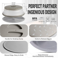 2 in 1, Microwave Place Mat & Food Cover- Mat as Bowl Holder, for Splatter Guard, Multi-Use: Silicone Trivet, Pot Holders, Drying, Baking, Utensils Rest for Kitchen Counter, Grey