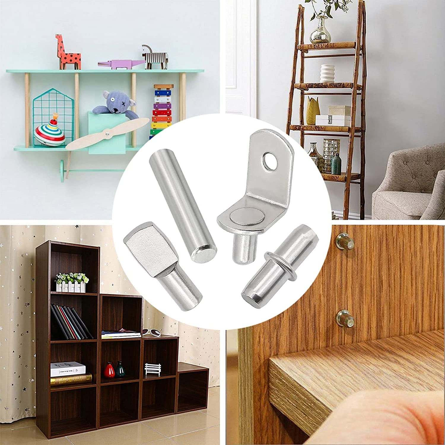 104Pcs Shelf Pins Kit,4 Styles Nickel Plated Shelf Support Pegs,Bookshelf Pegs for Shelves,Cabinet Shelf Bracket Pegs Shelf Pins Holders for Kitchen Furniture & Closet ( 5Mm & 1/4Inch )