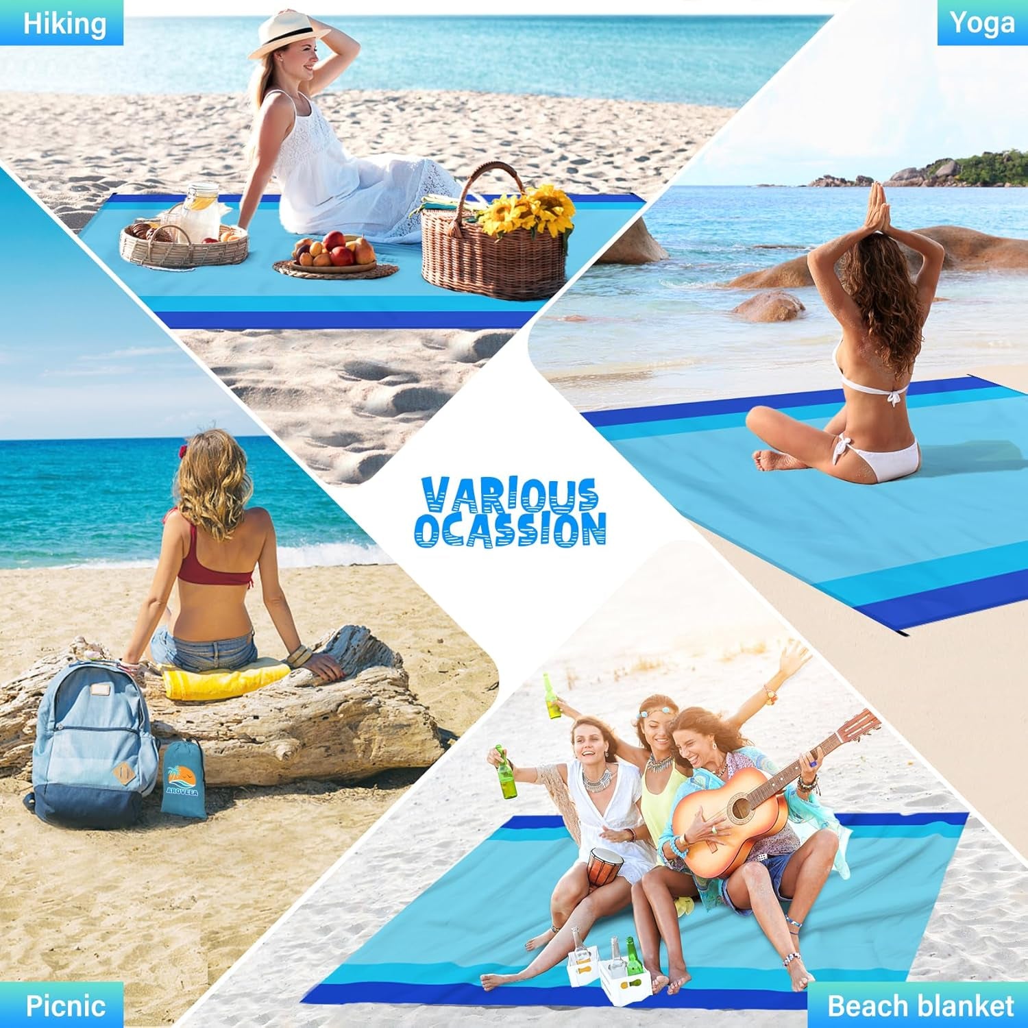 Beach Blanket Waterproof Sandproof 1-7 Adult Oversized 78 '' × 81 '' Lightweight Durable Compact Sand Free Beach Mat for Travel Camping Hiking Picnic Blanket