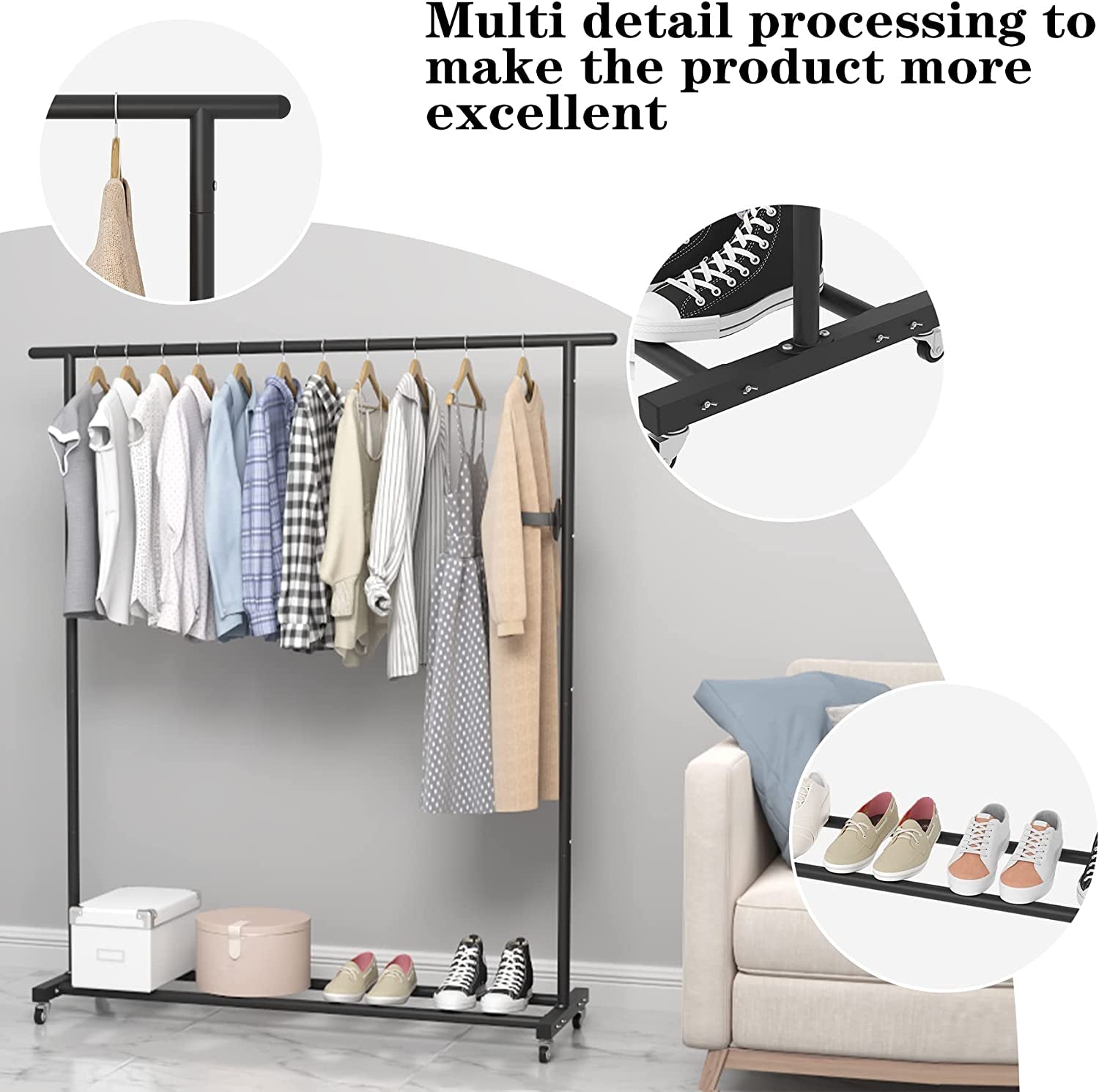 Clothing Clothes Rack Standard Rod Simple Rolling Metal Garment Rack Organizer Freestanding Hanger with Wheels,Black