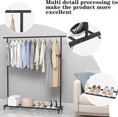 Clothing Clothes Rack Standard Rod Simple Rolling Metal Garment Rack Organizer Freestanding Hanger with Wheels,Black