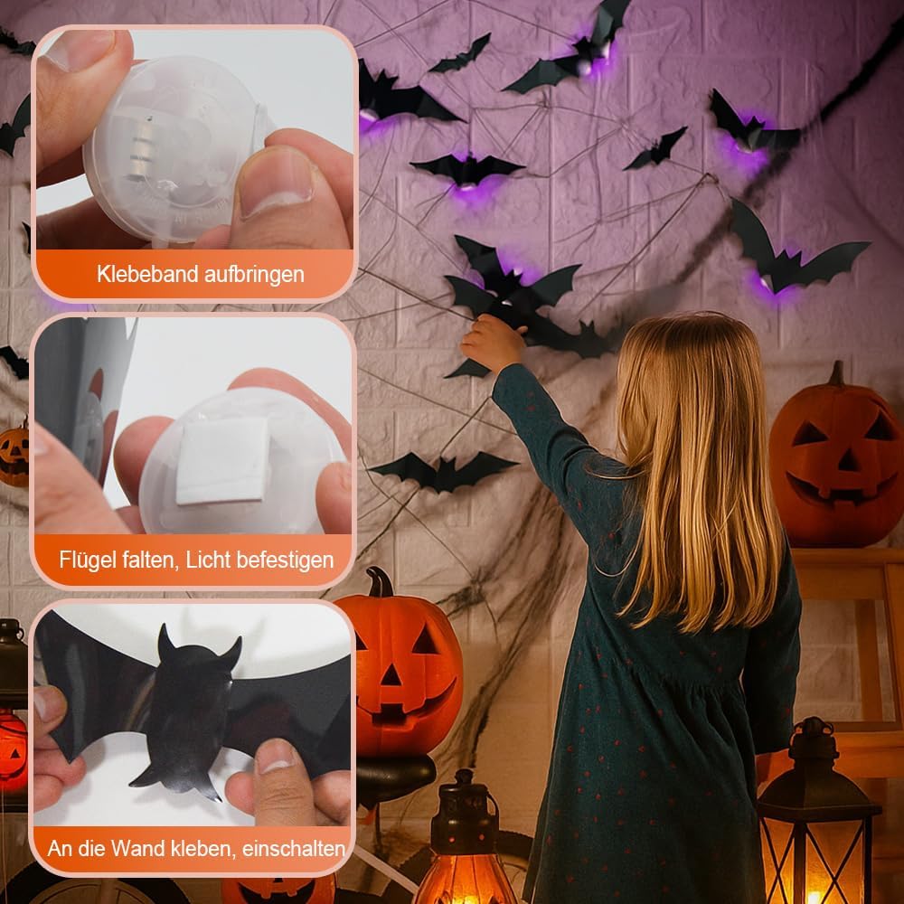 Glam Halloween 3D Lighted Bats, LED Purple Lighted 3D Bats Halloween Decoration, Upgrade LED Glowing Bat Group Hanging Wall Luminous Glow Clings Multipack (12Pcs Black)