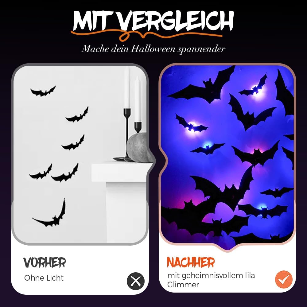Glam Halloween 3D Lighted Bats, LED Purple Lighted 3D Bats Halloween Decoration, Upgrade LED Glowing Bat Group Hanging Wall Luminous Glow Clings Multipack (12Pcs Black)