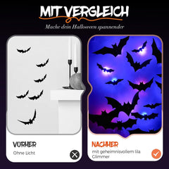 Glam Halloween 3D Lighted Bats, LED Purple Lighted 3D Bats Halloween Decoration, Upgrade LED Glowing Bat Group Hanging Wall Luminous Glow Clings Multipack (12Pcs Black)